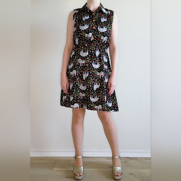 Fun Forest Woodland Sloth Animal Print Midi Dress, Size M - Picture 12 of 12